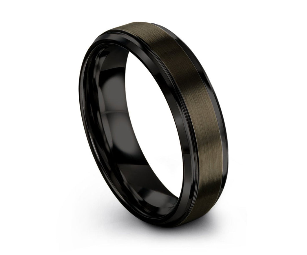 Tungsten Wedding Band, Gunmetal Tungsten, Beveled Black Edges, Engagement Ring, Men's Tungsten, Anniversary, 6mm , Matching, Ring Set