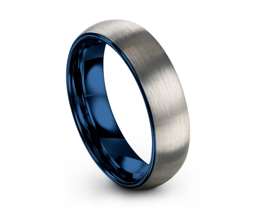 Mens Wedding Band Brushed Silver, Tungsten Ring Blue 6mm, Wedding Ring, Engagement Ring, Promise Ring, Rings for Men, Rings for Women