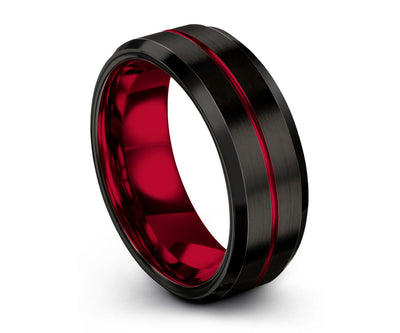 Thin Red 8mm Wedding Band for Men, Black Tungsten Carbide Engagement Ring available in 4mm, 6mm, or 10mm too with Free Shipping