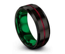Mens Tungsten Ring, Red Black Green Wedding Band, Tungsten Carbide 8mm, Women, Wedding, Anniversary, Promise Ring, Matching, Engagement