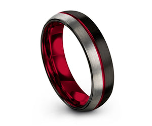 Mens Wedding Band Red, Black Tungsten Ring, Brushed Silver Wedding Ring, Engagement Ring, Promise Ring, Rings for Men, Rings for Women