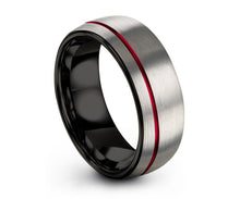 Mens Wedding Band Silver, Black Tungsten Ring with Offset Red Line 8mm, Wedding Ring, Engagement Ring, Promise Ring, Personalized Ring