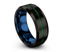 Mens Wedding Band Blue, Tungsten Ring Black 8mm, Wedding Ring Green, Engagement Ring, Promise Ring, Gifts for Her, Gifts for Him