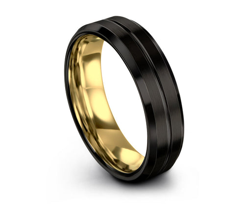 Black Tungsten and Yellow Gold Grooved Ring