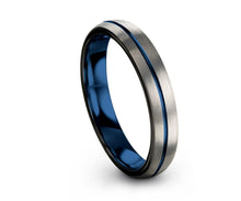 Silver and Blue Tungsten Carbide Grooved Band Ring