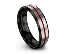 Mens Black Wedding Band, Tungsten Ring Red Line Brushed Silver 4mm, Wedding Ring, Engagement Ring, Promise Ring, Personalized, Gift Idea