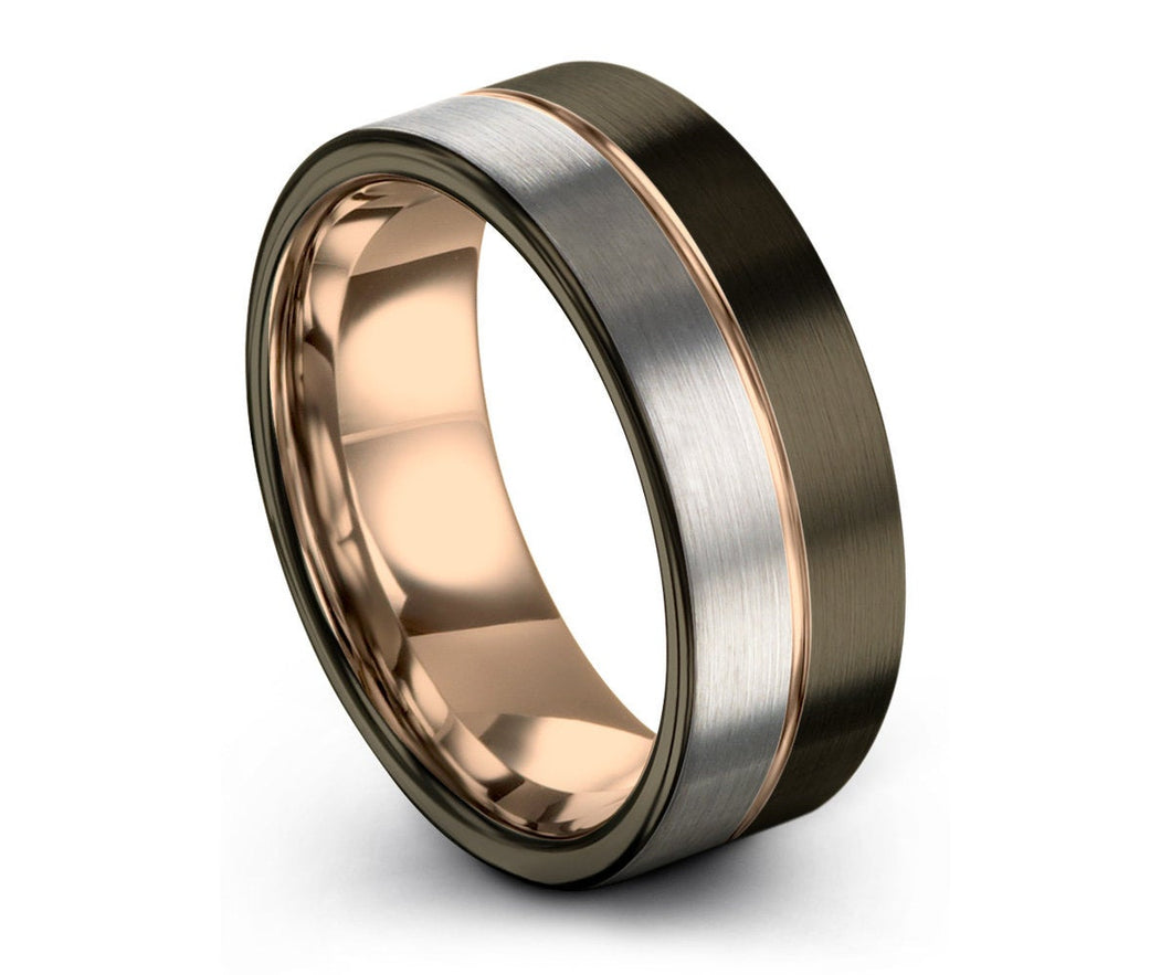 GUNMETAL Black Tungsten Ring Rose Gold Wedding Band Ring Tungsten Carbide 8mm 18K Tungsten Man Wedding Band Male Women Anniversary Matching