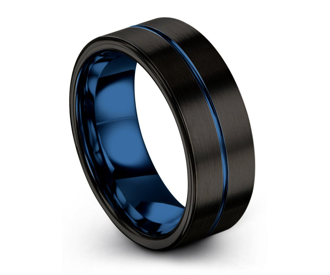 Mens Wedding Band Blue, Tungsten Ring Black 7mm, Wedding Ring, Engagement Ring, Promise Ring, Personalized, Rings for Men, Mens Ring