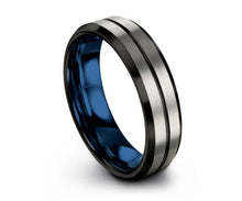 Silver and Black Tungsten Ring With Blue Accent
