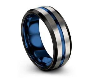 Men & Women Wedding Band | Unique Tungsten Wedding Ring | Thin Blue Line | Modern Blue Promise Ring