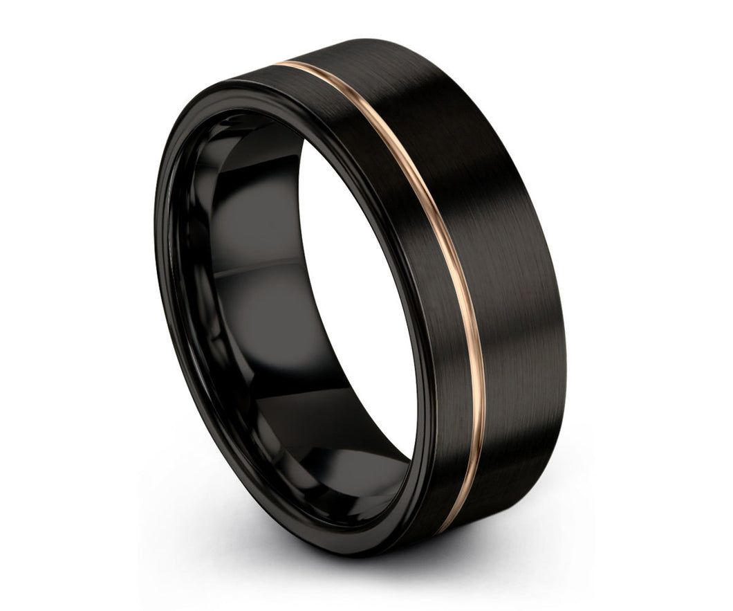 Black Tungsten and Rose Gold Grooved Ring