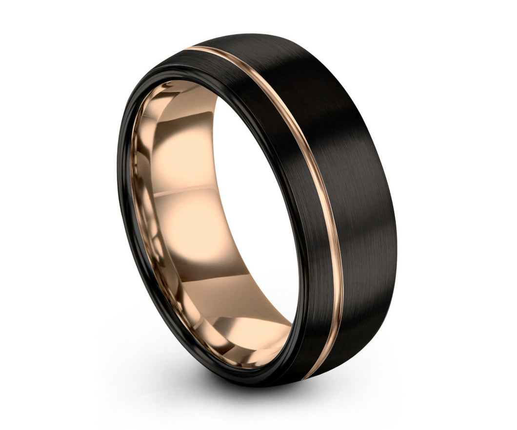 Mens Wedding Band Black, Rose Gold Wedding Ring, Tungsten Ring 8mm 18K, Engagement Ring, Promise Ring, Rings for Men, Rings for Women