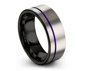 Tungsten Ring Mens Brushed Silver Black Purple Wedding Band Tungsten Ring Tungsten Carbide 8mm Tungsten  Man Male Women Anniversary Matching