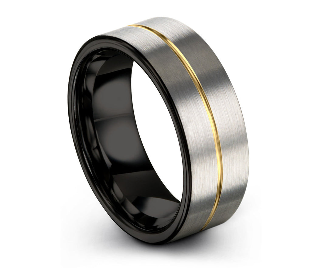 Silver Brushed 18k Yellow Gold Center Line with Black Interior Unisex Tungsten Wedding Band, Wedding Ring, Engagement, Promise, Personalized