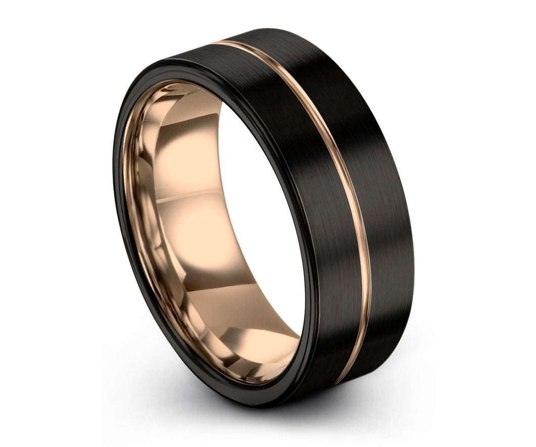 Black Tungsten and Rose Gold Grooved Ring