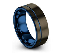 Gunmetal Black Mens Wedding Band | Blue Interior Tungsten Carbide Ring 6mm, or 8mm available | His or Her with Fast Free Shipping