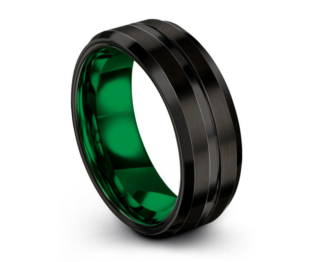 Mens Wedding Band Black, Green Wedding Ring, Tungsten Ring, Personalized Ring, Engagement Ring, Promise Ring, Mens Ring, Gifts for Him