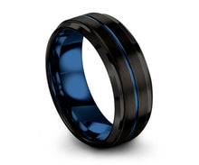 Mens Wedding Band Blue, Black Wedding Ring, Tungsten Ring 8mm, Personalized, Engagement Ring, Promise Ring, Gifts for Her, Gifts for Him
