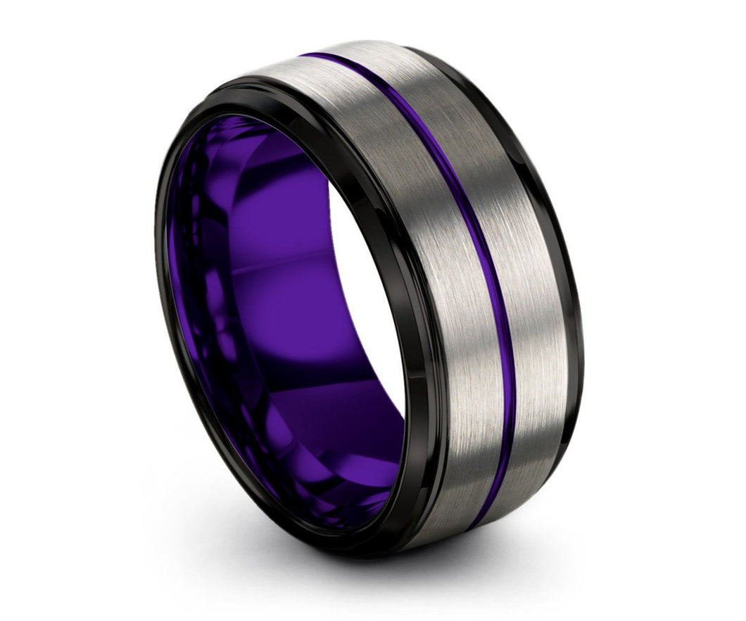 Unisex Brushed Silver Wedding Band with Black Edges - Tungsten Ring with Purple Center Line and Interior - Personalized Jewelry for Him/Her