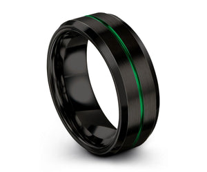 Mens Wedding Band Black, Tungsten Ring Green 8mm, Wedding Ring, Engagement Ring, Promise Ring, Personalized Ring, Rings for Men