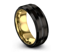 Grooved Black Tungsten and Yellow Gold Ring