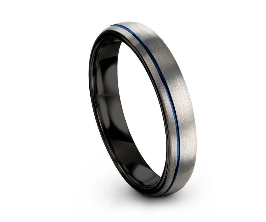 Silver Tungsten Ring With Blue and Black Accent