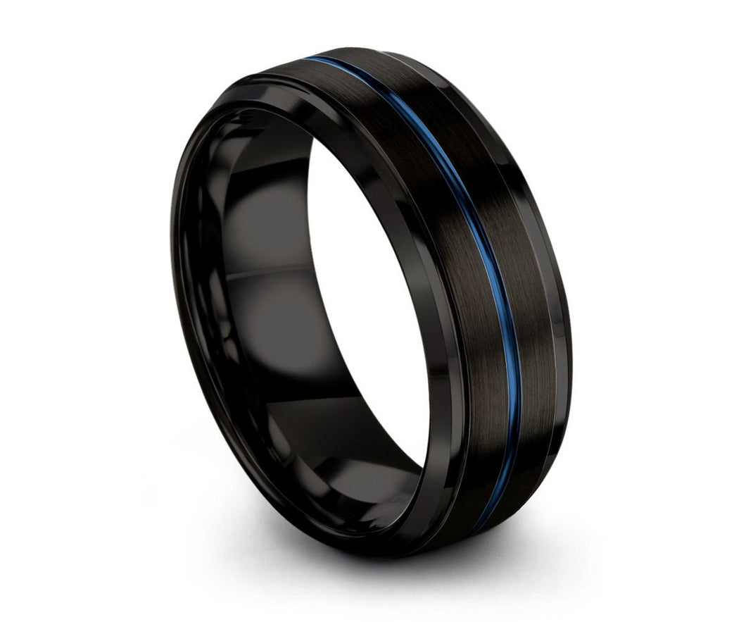 Mens Wedding Band, Tungsten Ring Black Blue 8mm, Wedding Ring, Engagement Ring, Promise Ring, Personalized, Gifts for Her, Gifts for Him