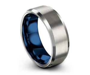 Brushed Silver Tungsten Ring With Blue Accent